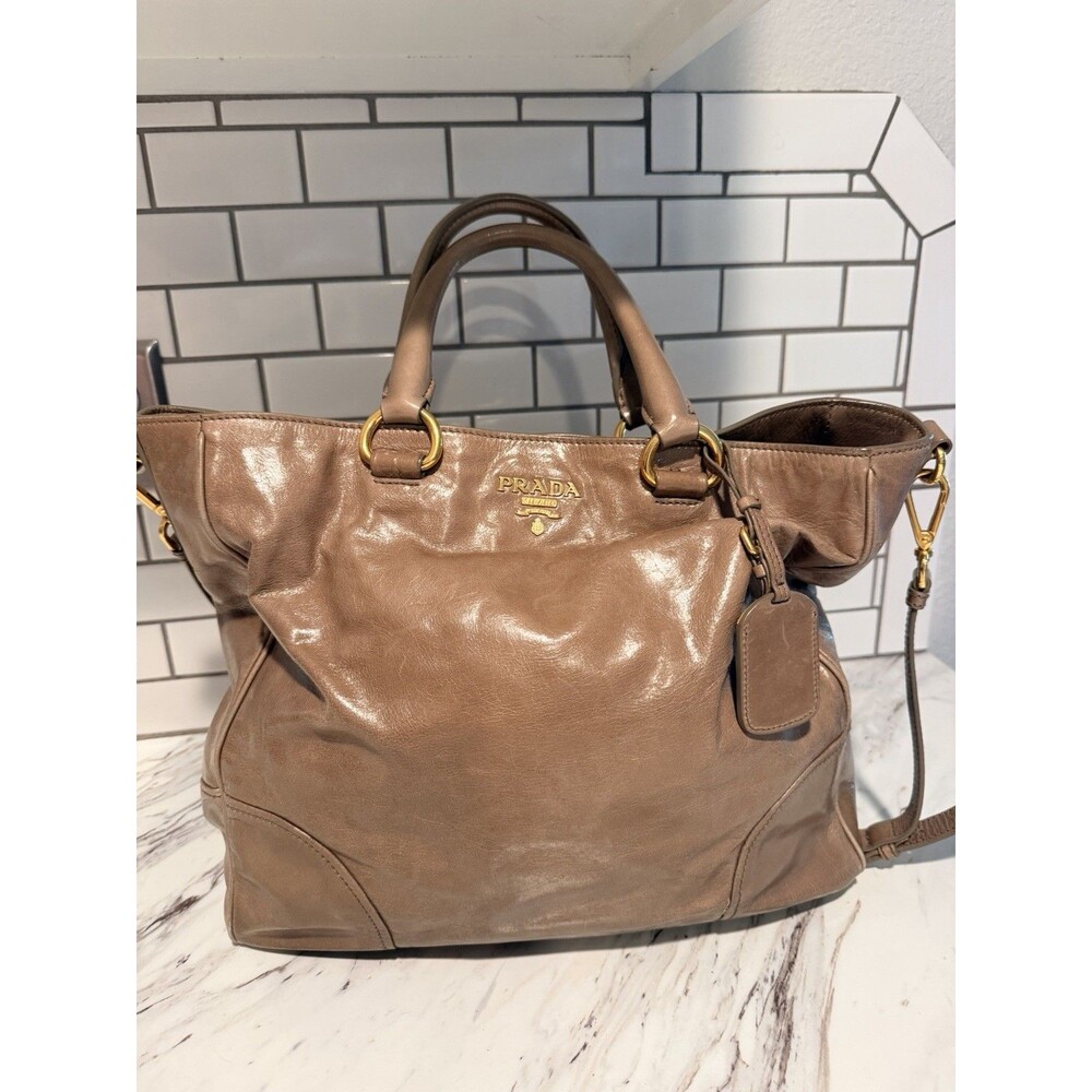 Authentic Prada Vitello Shine Soft Leather Top Handle Shoulder Bag COA Card
